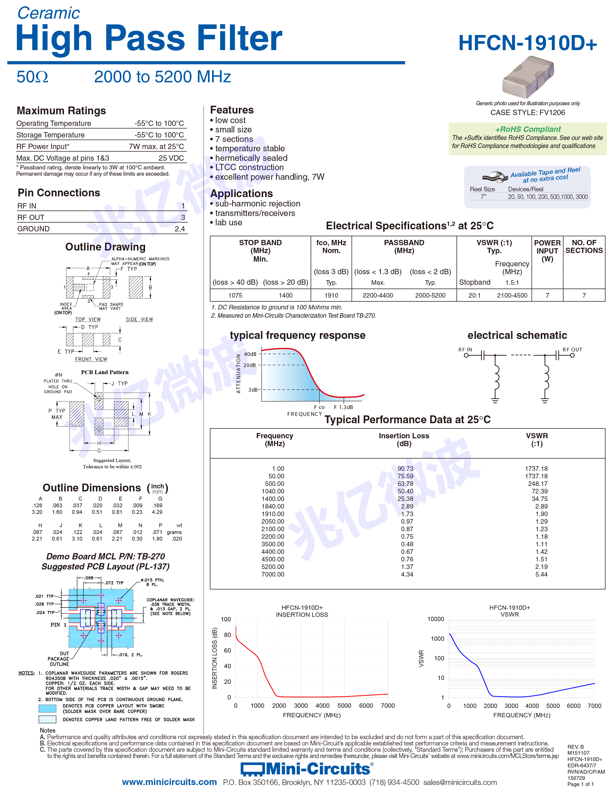 mini-circuits-HFCN-1910D + LTCC高通滤波器[2000-5200MHz]-数据手册