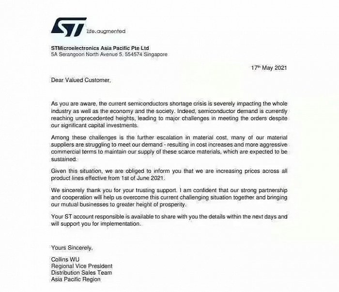 ST意法半导体再发涨价通知，自6月1日起全线产品涨价
