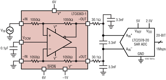 LTC6363精准、低功率、轨至轨输出、差分运算放大器