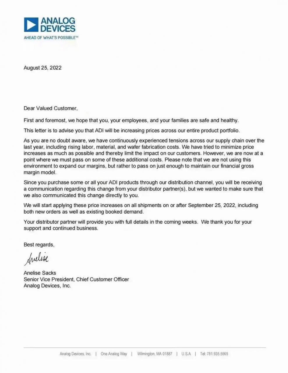 ADI宣布全线产品涨价！9月25日起开始执行