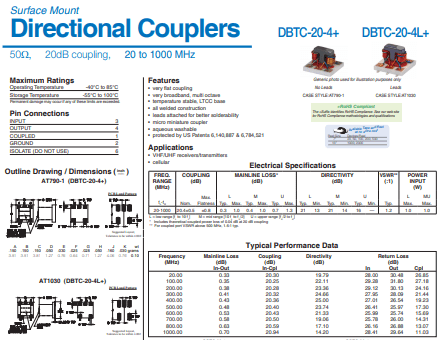 DBTC-20-4L+ 射频耦合器性能参数