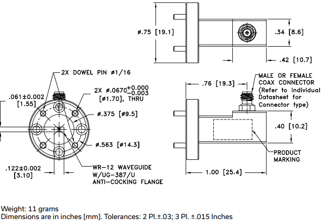 WR12-10R+射频适配器的规格参数、特性及尺寸图 WR12-10R+射频适配器的规格参数、特性及尺寸图