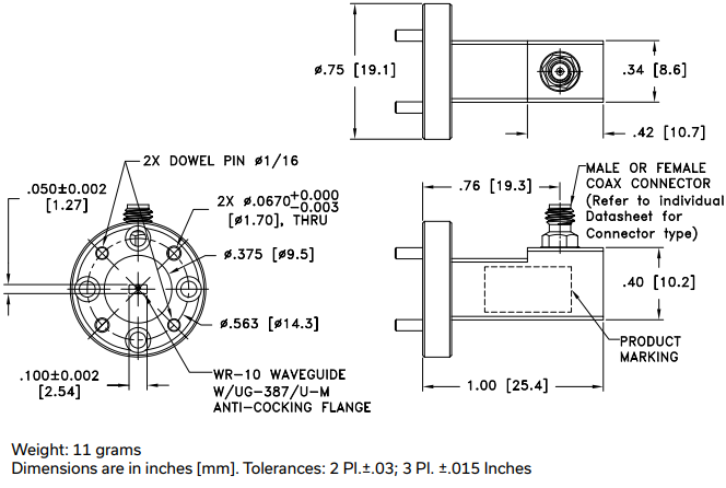 WR10-10R+射频适配器的规格参数、特性及尺寸图 WR10-10R+射频适配器的规格参数、特性及尺寸图
