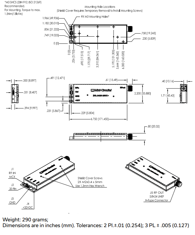 ZHL-2425-250+功率放大器的规格参数、特性及尺寸图