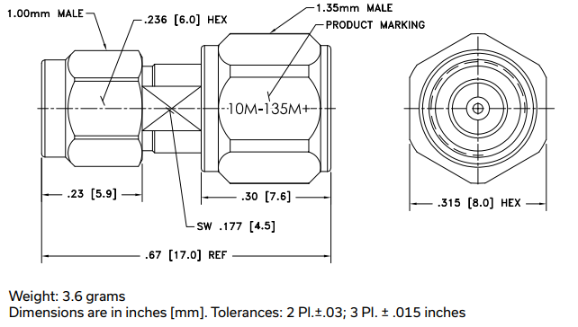 10M-135M+同轴适配器的规格参数、特性及尺寸图