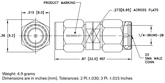 SM-SM50-27+同轴适配器的规格参数、特性及尺寸图