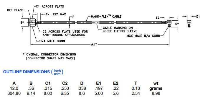 086-12SMMCR+射频电缆组件的规格参数、特性及尺寸图 086-12SMMCR+射频电缆组件的规格参数、特性及尺寸图