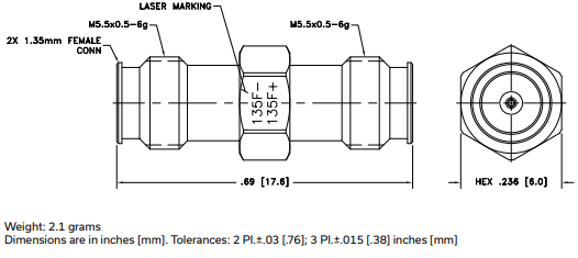 135F-135F+同轴适配器的规格参数、特性及尺寸图