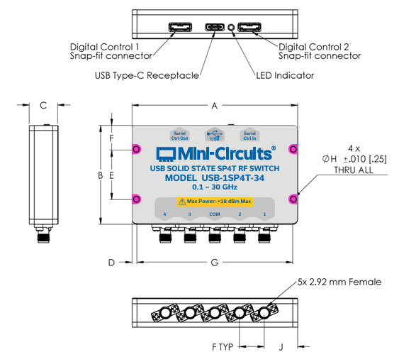  USB-1SP4T-34射频开关芯片的特性应用及尺寸图