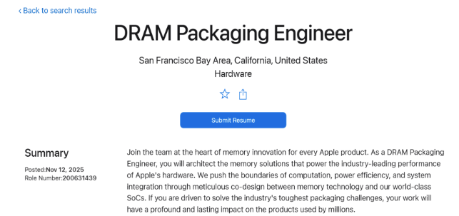 苹果首次招聘DRAM封装工程师 或为AI服务器开发HBM 苹果首次招聘DRAM封装工程师 或为AI服务器开发HBM
